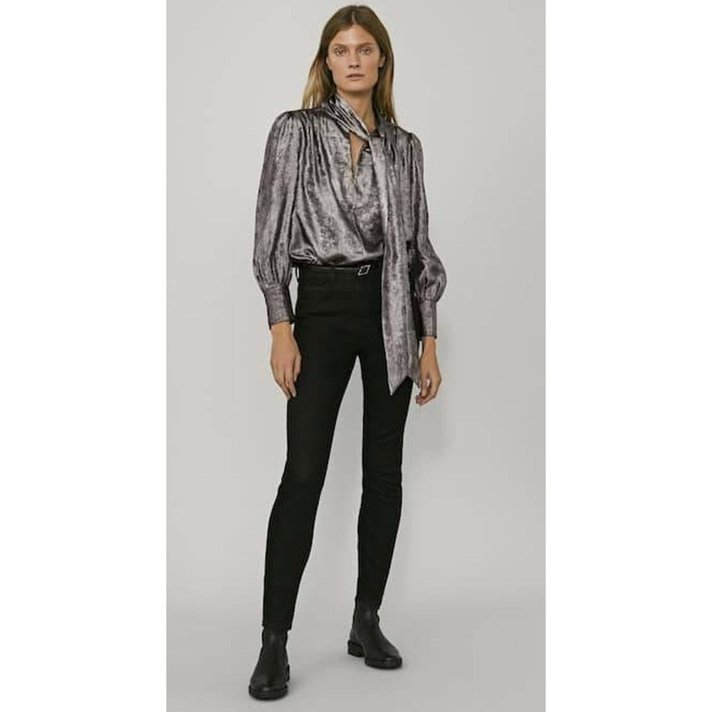 Massimo Dutti Womens Silver Metallic Tie Neck Blouse Puff Sleeves Cocktail Party